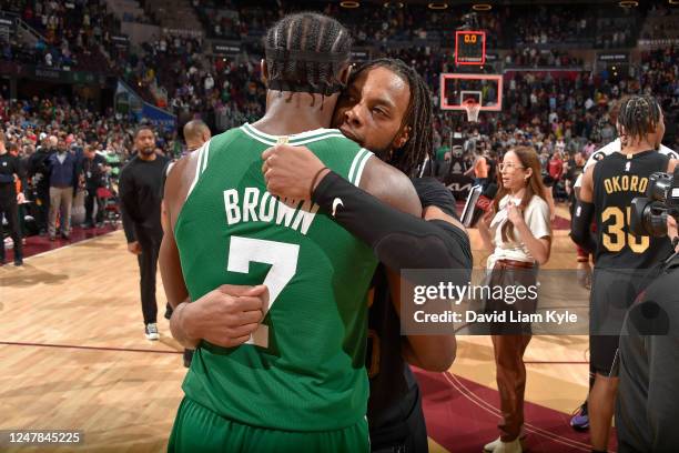 Jaylen Brown of the Boston Celtics and Darius Garland of the Cleveland Cavaliers after the game on March 6, 2023 at Rocket Mortgage FieldHouse in...