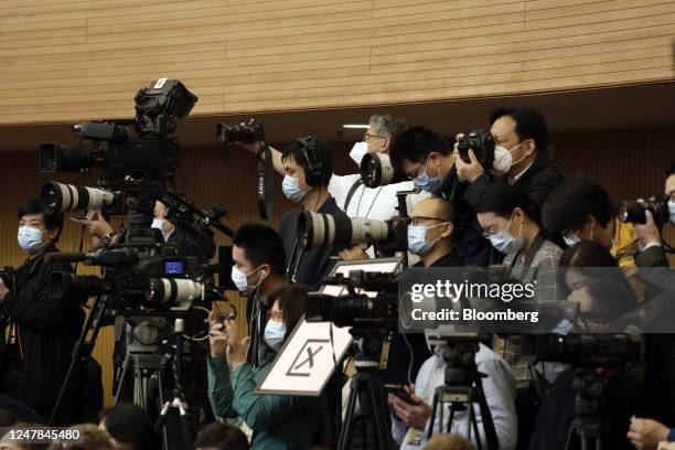 Members of the media during a news conference with Chinese Foreign Minister Qin Gang in Beijing, China, on Tuesday, March 7, 2023. President Xi...