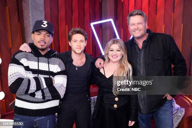 Blind Auditions" Episode -- Pictured: Chance the Rapper, Niall Horan, Kelly Clarkson, Blake Shelton --