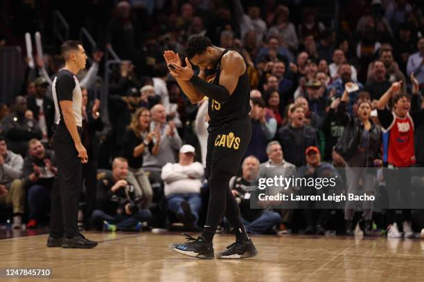 Donovan Mitchell of the Cleveland Cavaliers celebrates during the game against the Boston Celtics on March 6, 2023 at Rocket Mortgage FieldHouse in...