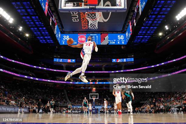 Jaden Ivey of the Detroit Pistons dunks the ball during the game against the Portland Trail Blazers on March 6, 2023 at Little Caesars Arena in...