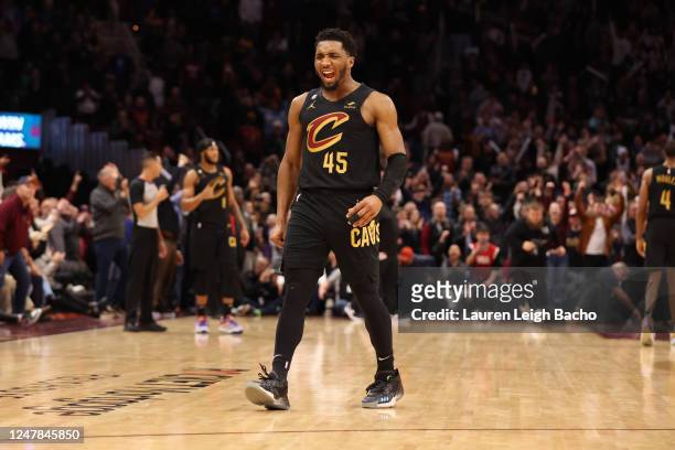 Donovan Mitchell of the Cleveland Cavaliers celebrates during the game against the Boston Celtics on March 6, 2023 at Rocket Mortgage FieldHouse in...