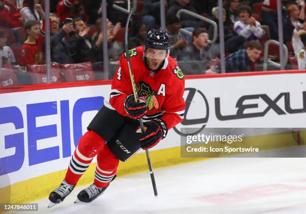 Chicago Blackhawks defenseman Seth Jones reacts after scoring a goal during a game between the Ottawa Senators and the Chicago Blackhawks on March 6,...