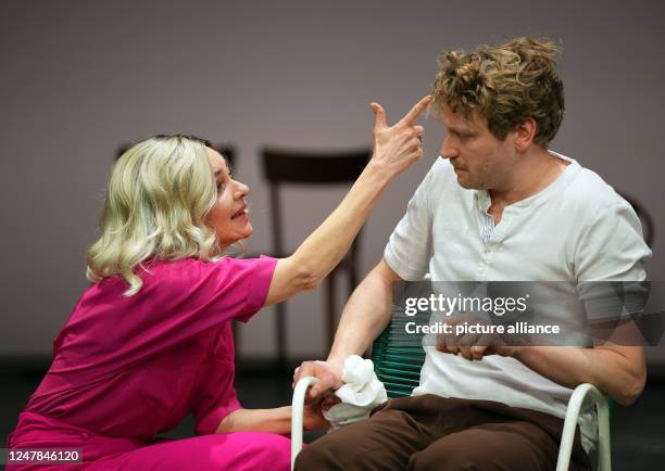 March 2023, Berlin: Actors Stephanie Eidt and Laurenz Laufenberg perform during a rehearsal for the play "The Seagull" at the Schaubühne am Lehniner...