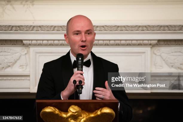 Utah Governor Spencer Cox, Vice Chair of the National Governors Association, speaks at the start of a dinner with governors and their spouses in the...