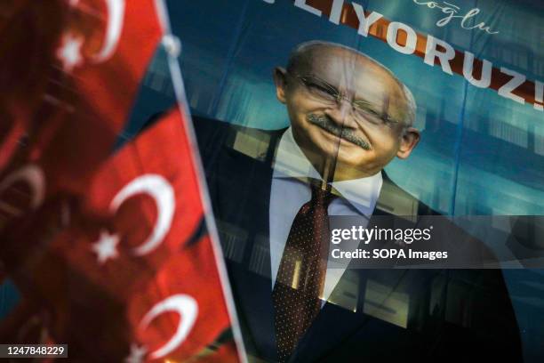 Banner with a portrait of Presidential candidate Chairman Kemal Klçdarolu seen in front of the headquarters of the Republican People's Party . The...