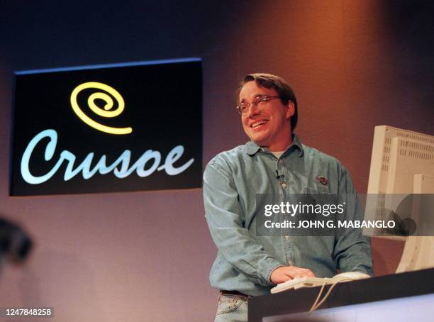 Linus Torvalds, who wrote the free Linux computer operating software, demonstrates "Crusoe" 19 January in Saratoga, California. Crusoe is a smart...