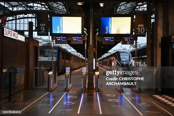 An empty platform is seen at the Gare de l'Est railway station in Paris, on March 7 as fresh strikes and protests are planned against the...