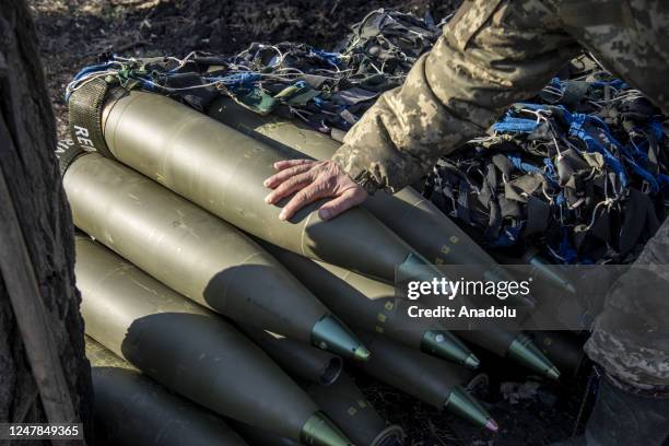 Loads of ammunition are seen piled in an artillery position nearby Bakhmut as fighting continues between Ukrainian forces and Russian troops in...