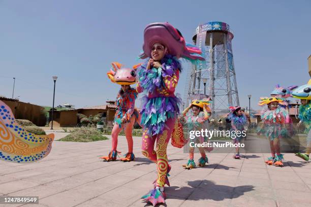 Group of people dressed as salamanders in the Iztapalapa municipality, during the unveiling of tickets or cachitos dedicated to the utopias issued by...