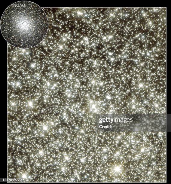 This NASA Hubble Space Telescope image released 27 June 2001 unveils the central region of the globular cluster M22, a 12-14 billion year old...