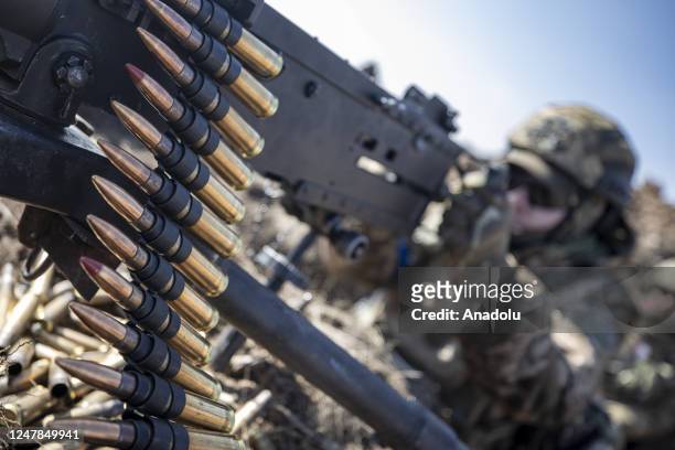 Ukrainian soldiers are seen during their shooting training at the front with US-made weapons in Zaporizhzhia, Ukraine on March 04, 2023. Ukrainian...