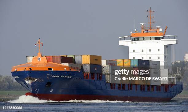 The damaged Cypriot container ship, ''Jork Ranger'' is seen in Maassluis, on October 12, 2010 after a Greek tanker sprang a kerosene leak after it...