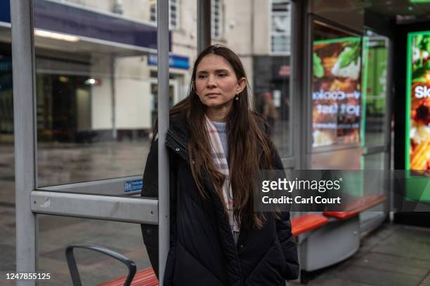 Ukrainian refugee Yevhenia Shymshyrian waits for a bus to collect her son from school on March 6, 2023 in London, England. Shymshyrian, a 35-year-old...