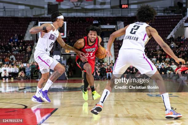 Sterling Brown of the Raptors 905 handles the ball during an NBA G League game against the G League Ignite at the Paramount Fine Foods Centre on...