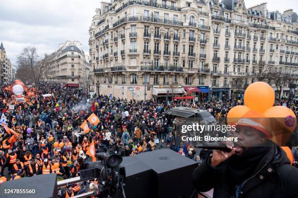 Demonstrators from the French Democratic Confederation of Labour union at a protest during a national strike against pension reform, in Paris,...