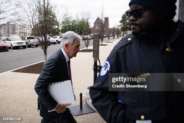 Jerome Powell, chairman of the US Federal Reserve, arrives before a Senate Banking, Housing, and Urban Affairs Committee hearing in Washington, DC,...