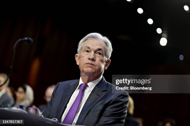 Jerome Powell, chairman of the US Federal Reserve, arrives before a Senate Banking, Housing, and Urban Affairs Committee hearing in Washington, DC,...