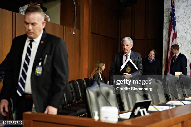 Jerome Powell, chairman of the US Federal Reserve, arrives before a Senate Banking, Housing, and Urban Affairs Committee hearing in Washington, DC,...