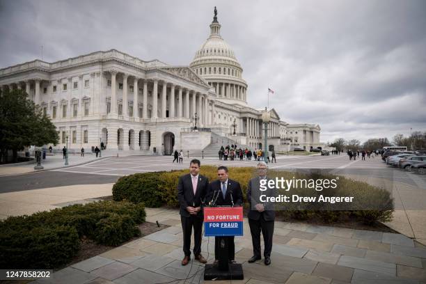 Flanked by Rep. Brandon Williams and Rep. Nick Lalota , Rep. Anthony D'Esposito speaks during a news conference outside the U.S. Capitol on March 7,...