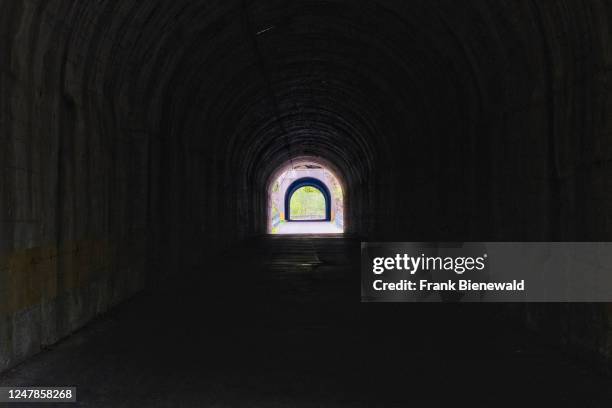 Small road leading through a dark tunnel, light shining in from the other end.