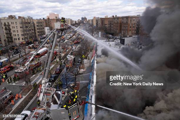 March 5: A five alarm fire destroyed the Concourse Food Plaza Supermarket at 2092 Grand Concourse and a Laundromat next door in the Bronx on Sunday...