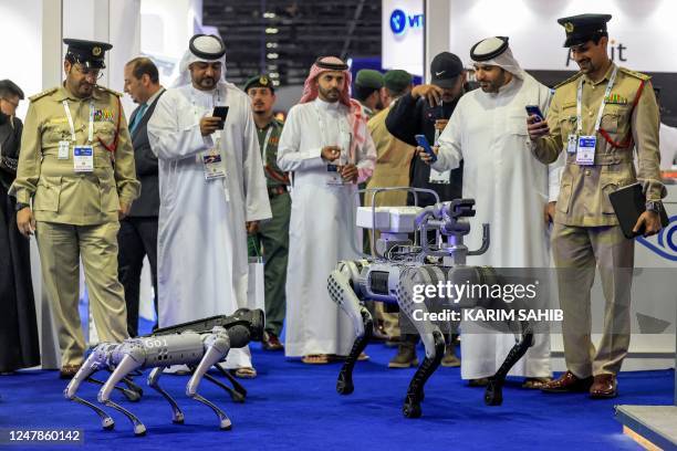 Dog-shaped robot units by Chinese company Unitree are presented at a demonstration during the World police Summit 2023 in Dubai on March 7, 2023.