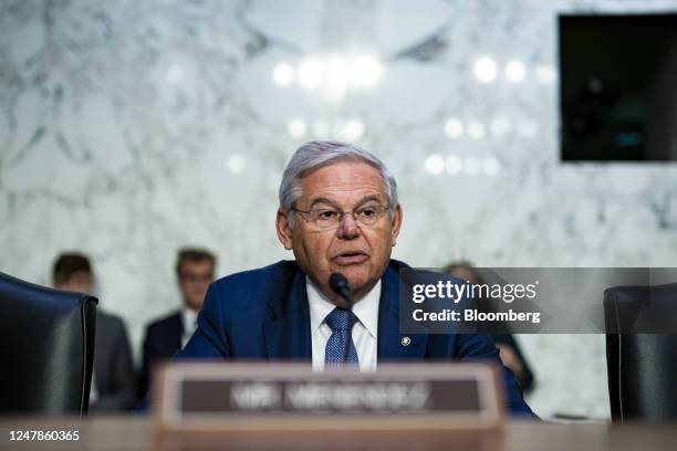 Senator Bob Menendez, a Democrat from New Jersey, speaks during a Senate Banking, Housing, and Urban Affairs Committee hearing in Washington, DC, US,...