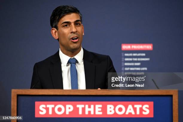 Prime Minister Rishi Sunak speaks during a press conference following the launch of new legislation on migrant channel crossings at Downing Street on...