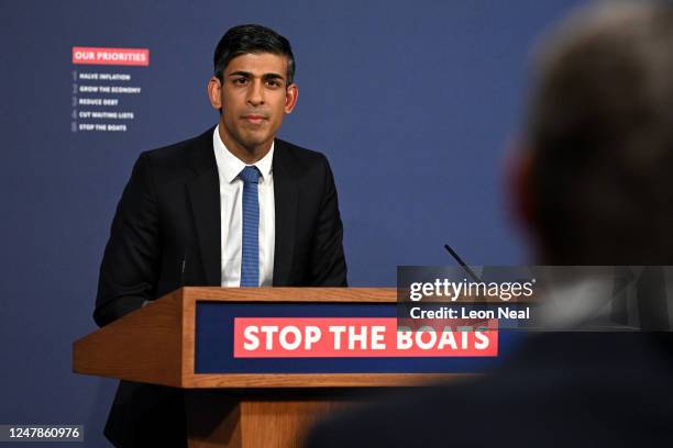 Prime Minister Rishi Sunak speaks during a press conference following the launch of new legislation on migrant channel crossings at Downing Street on...