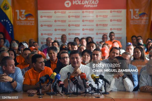 The political coordinator of the opposition party Voluntad Popular , Freddy Superlano , speaks during a press conference to announce the candidacy of...
