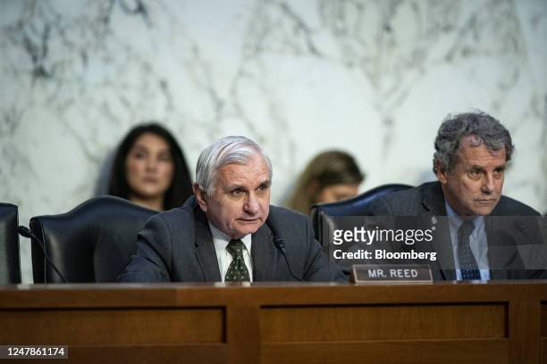 Senator Jack Reed, a Democrat from Rhode Island, left, speaks during a Senate Banking, Housing, and Urban Affairs Committee hearing in Washington,...