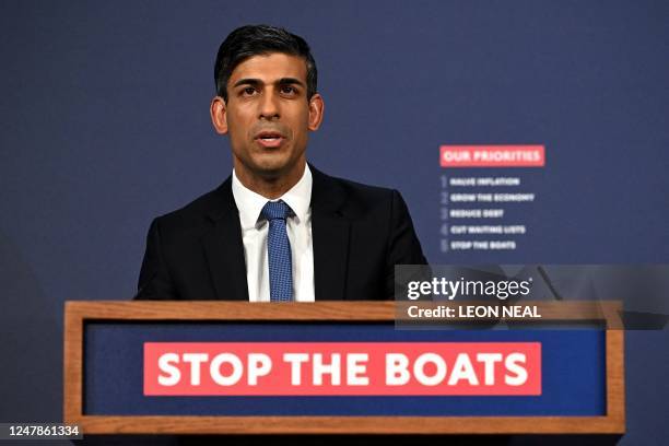 Britain's Prime Minister Rishi Sunak speaks during a press conference in the Downing Street Briefing Room in central London on March 7 following the...