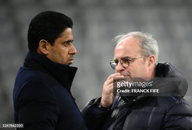 Paris Saint Germain's Portuguese Football Advisor Luis Campos and Paris Saint Germain's Qatari president Nasser al-Khelaifi speak on the sidelines of...