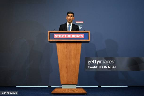 Britain's Prime Minister Rishi Sunak speaks during a press conference in the Downing Street Briefing Room in central London on March 7 following the...