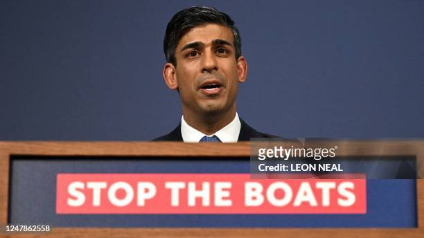 Britain's Prime Minister Rishi Sunak speaks during a press conference in the Downing Street Briefing Room in central London on March 7 following the...