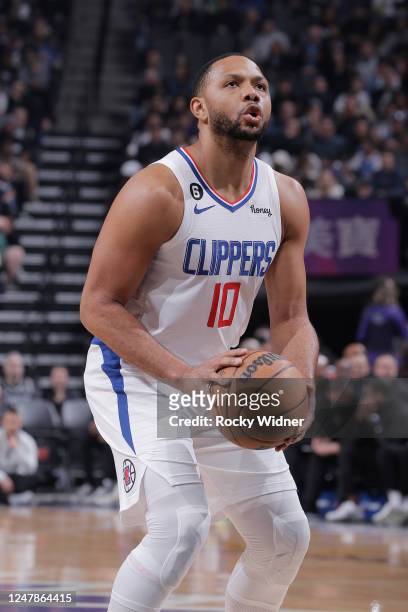 Eric Gordon of the Los Angeles Clippers shoots a free throw during the game against the Sacramento Kings on March 3, 2023 at Golden 1 Center in...