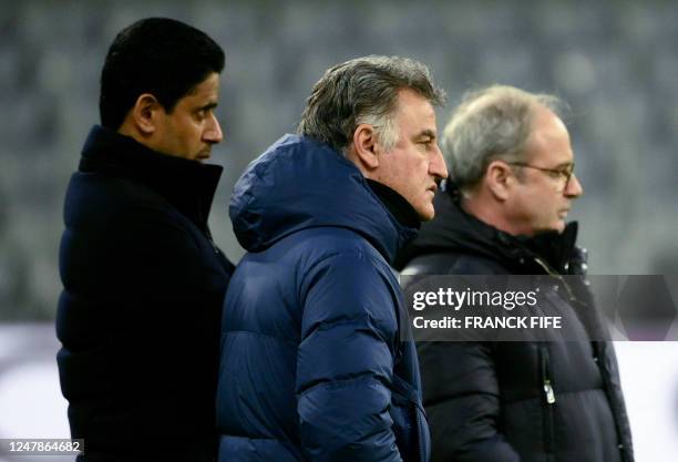 Paris Saint Germain's Portuguese Football Advisor Luis Campos and Paris Saint Germain's Qatari president Nasser al-Khelaifi speak with Paris...