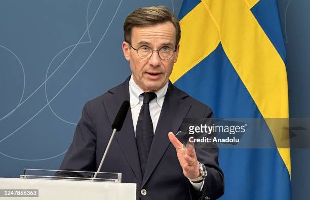Swedish Prime Minister Ulf Kristersson and NATO Secretary General Jens Stoltenberg hold a joint press conference following their meeting in...