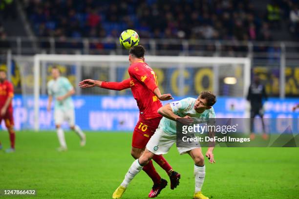 Pietro Ceccaroni of US Lecce and Nicolo Barella of Inter Milan battle for the ball during the Serie A match between FC Internazionale and US Lecce at...