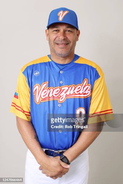 Coach Tomas Perez of Team Venezuela poses for a photo during the Team Venezuela 2023 World Baseball Classic Headshots at Ballpark of the Beaches on...