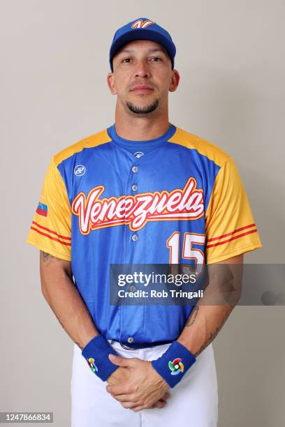 Hernán Pérez of Team Venezuela poses for a photo during the Team Venezuela 2023 World Baseball Classic Headshots at Ballpark of the Beaches on...