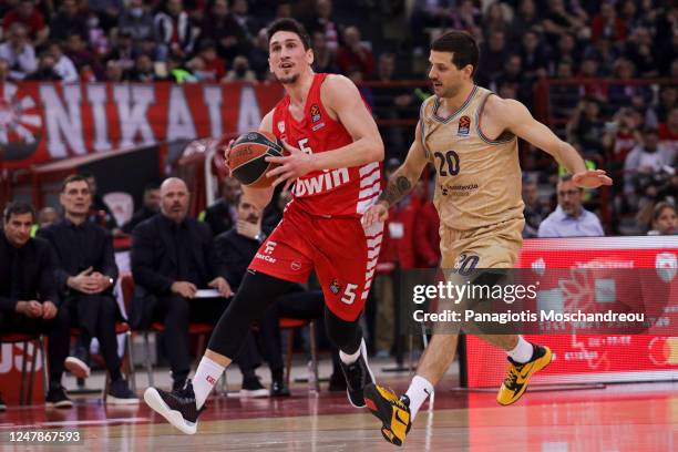 Giannoulis Larentzakis, #5 of Olympiacos Piraeus in action during the 2022-23 Turkish Airlines EuroLeague Regular Season Round 27 game between...