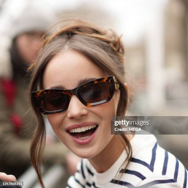 Alba Baptista is seen leaving the Miu Miu Show on March 7, 2023 in Paris, France.