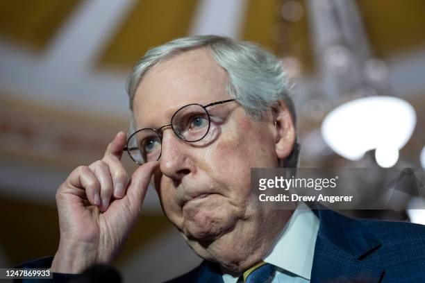 Senate Minority Leader Mitch McConnell speaks during a news conference at the U.S. Capitol on March 7, 2023 in Washington, DC. McConnell spoke on a...