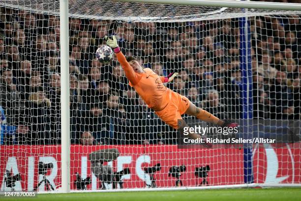 Kepa Arrizabalaga, goalkeeper of Chelsea saves a shot during the UEFA Champions League round of 16 leg Two match between Chelsea FC and Borussia...