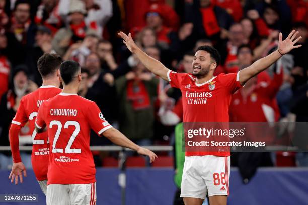 Goncalo Ramos of Benfica celebrates 2-0 with Chiquinho of Benfica, Rafa Silva of Benfica during the UEFA Champions League match between Benfica v...