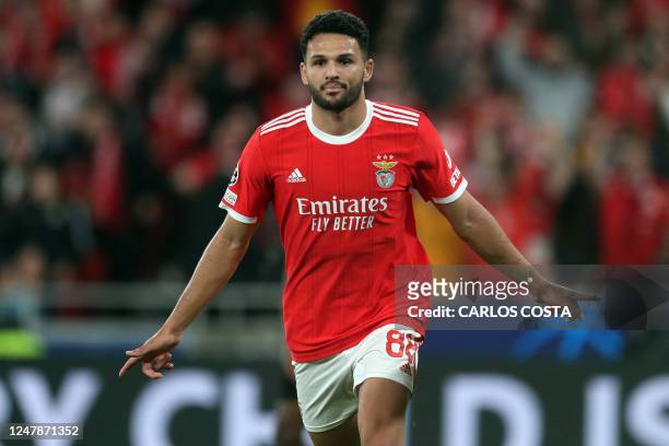Benfica's Portuguese forward Goncalo Ramos celebrates scoring his team's third goal during the UEFA Champions League round of 16 second leg football...