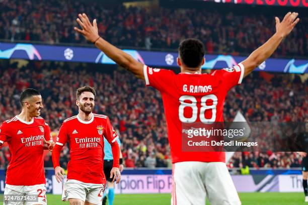 Rafa of Benfica Lissabon celebrates after scoring his team's first goal with teammates during the UEFA Champions League round of 16 leg two match...