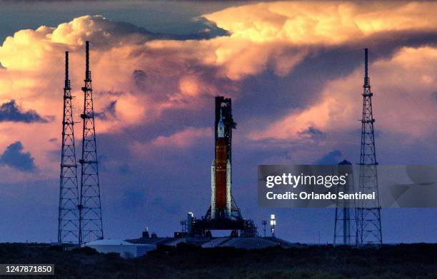 The sun sets over Artemis I, NASA&apos;s heavy-lift lunar rocket system, on Sept. 3 at Kennedy Space Center, Florida.